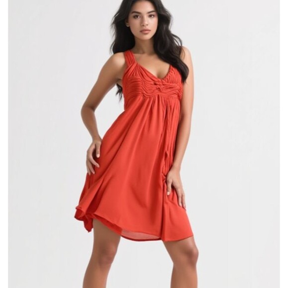 KISCHE Women's Mini Dress Stretch Ruched Empire Waist Sz M Solid Red Orange - Picture 1 of 7